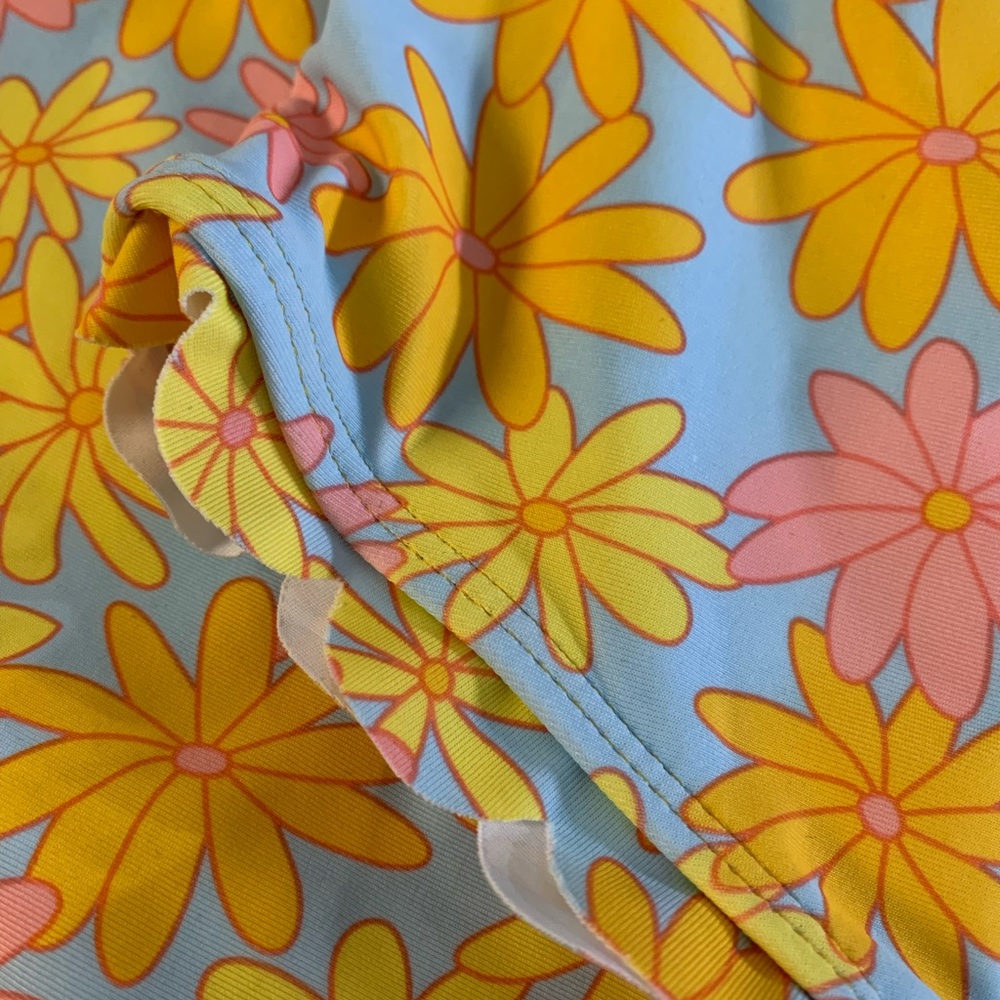 Multicolor Blue Yellow Retro Floral Scallop Hem One Piece Lined Swimsuit New - Picture 11 of 13